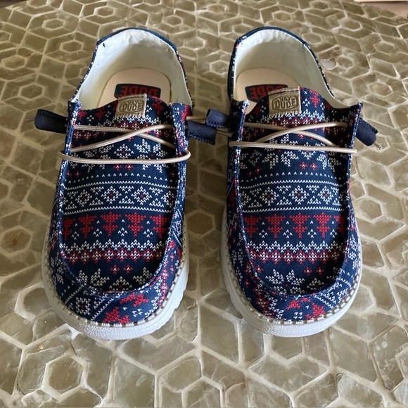 LIKE NEW! Hey Dude Wendy Ugly Sweater women’s slip-ons in ‘Navy/Red/White’ - Picture 4 of 12